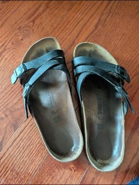 Birkenstock Black Leather Slide Sandals